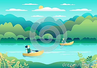 Rowing, sailing in boats as a sport or form of recreation vector flat illustration. Boating fun for all the family outdoors. Vector Illustration