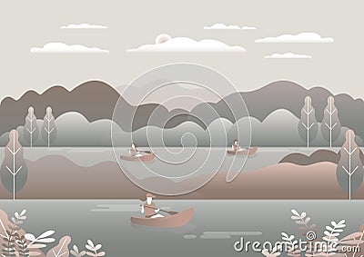 Rowing, sailing in boats as a sport or form of recreation vector flat illustration. Boating fun for all the family outdoors. Vector Illustration