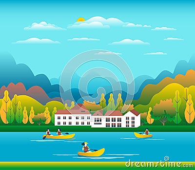 Rowing, sailing in boats as a sport or form of recreation vector flat illustration. Boating fun for all the family outdoors. Vector Illustration