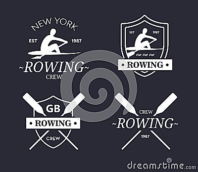 Rowing team logo. Vector emblem of rowing crew with paddles. Rower silhouette. Stock Photo
