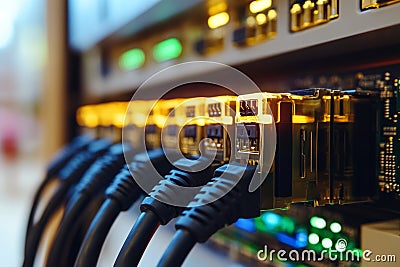 Rows of black and yellow Ethernet cables plugged into server racks representing organized network management and efficient data Cartoon Illustration