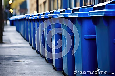 rows of blue recycling bins in a row Stock Photo