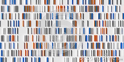 Rows of blue, white and orange cubes or boxes array on white background, abstract modern minimal data visualisation, computer Cartoon Illustration