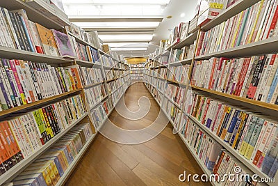 Rows and bookshelf display in a book store Editorial Stock Photo