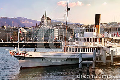 Geneva lakefront Switzerland cruise ship cityscape boat Editorial Stock Photo