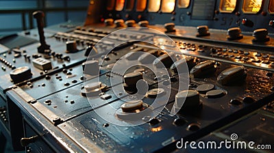 Rows of buttons and dials line the control panel allowing for precise adjustments to the projected images Stock Photo