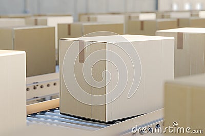 Rows of carton boxes on conveyor roller 3d render Stock Photo