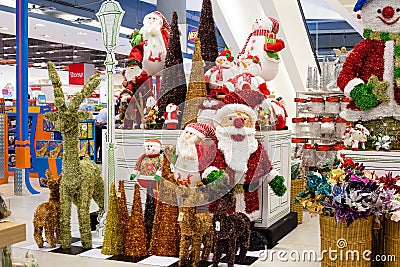 Rows of Christmas toys in a supermarket Siam Paragon in Bangkok, Thailand. Editorial Stock Photo