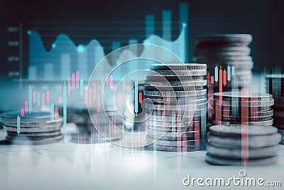 Rows of coins for financial stock market graph and rows of coins growth , money , investment and business concept,business investm Stock Photo