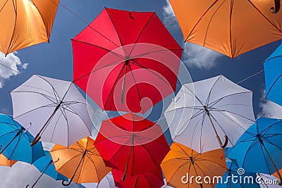 Rows of Color Umbrellas in the Air Editorial Stock Photo