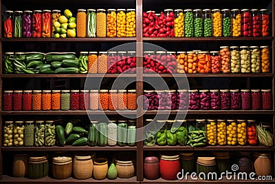 rows of colorful canned fruits and vegetables on wooden shelves Stock Photo