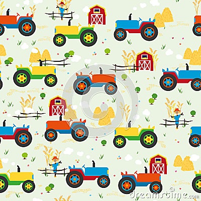 Rows of Colorful Farm Tractors Vector Illustration