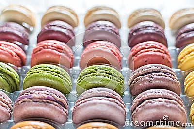 Rows of colorful french macaroons Stock Photo