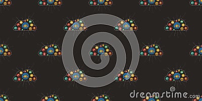Rows of Colorful Retro Style Round Cloud Shapes Made of Technology Icons - Pattern, Design on Dark Background, Seamless Texture Vector Illustration