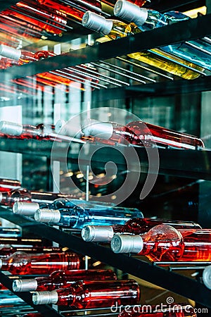 Rows of colourful wine bottles Stock Photo