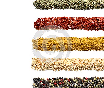 Rows of different aromatic spices Stock Photo