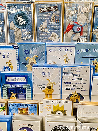 Fathers day cards on display in a store for sale in the UK Editorial Stock Photo