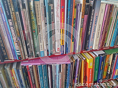 Rows of different colorful books lying on the shelves Editorial Stock Photo