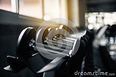 Rows of dumbbell black set in fitness gym., Sport bodybuilder weight lifting equipment for exercising arms muscular., Healthy Stock Photo