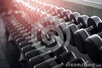 Rows of dumbbell in the gym, sport and health, weight training equipment concept Stock Photo