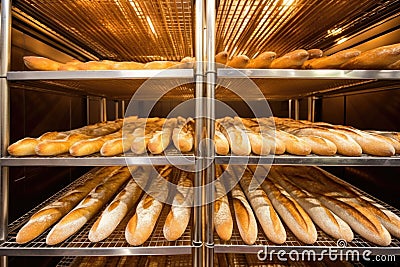 rows of empty metallic shelves inside the baguette oven Stock Photo