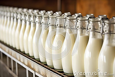 rows of fresh buttermilk bottles in line Stock Photo