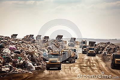 rows of garbage trucks entering the landfill, bringing in new waste Stock Photo