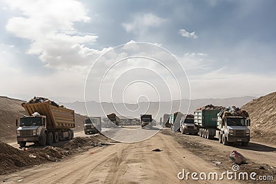 rows of garbage trucks entering the landfill, bringing in new waste Stock Photo