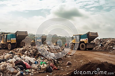 rows of garbage trucks entering the landfill, bringing in new waste Stock Photo