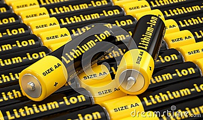 Rows of generic AA batteries with the label `Lithium ion`e` Stock Photo