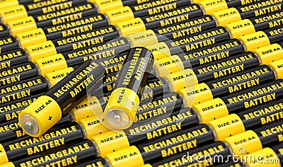 Rows of generic AA batteries with the label `Rechargeable Battery` Stock Photo