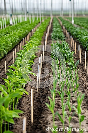 Rows of genetically modified plants flourish in an experimental crop field, with distinct markers segmenting different Stock Photo