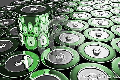 Rows of green alkaline batteries, one sticking Stock Photo