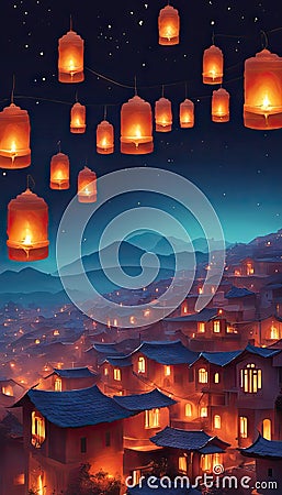 Rows of homes with lighted Diwali lamps fill the image Stock Photo