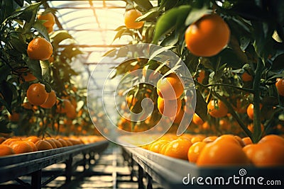 Rows of mandarin trees thriving in a greenhouse - controlled environment for optimal cultivation Stock Photo