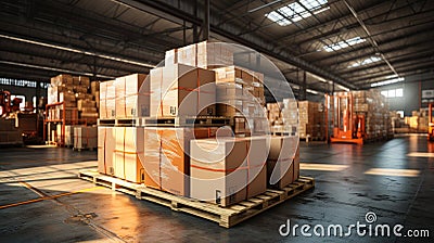 Rows of material boxes or product boxes in warehouse area, Modern warehouse or industrial shelves with cardboard boxes Stock Photo