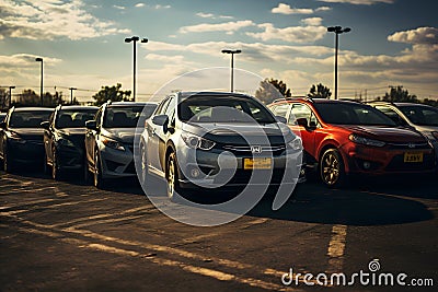 Rows of new cars parked in a dealership parking lot for sales, automotive industry Stock Photo