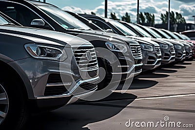 Rows of new cars parked in a dealership parking lot for sales, automotive industry Stock Photo