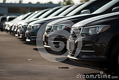 Rows of new cars parked in a dealership parking lot for sales, automotive industry Stock Photo