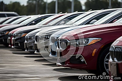 Rows of new cars parked in a dealership parking lot for sales, automotive industry Stock Photo