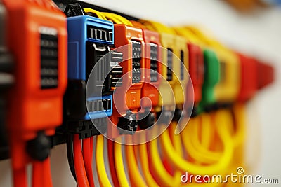 Rows of organized cables in a data center server room representing structured network management and efficient data handling Cartoon Illustration