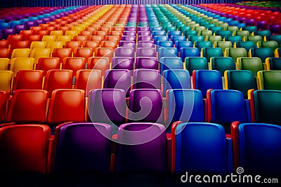 Rows of rainbow color seats in a theater. Generative AI Stock Photo