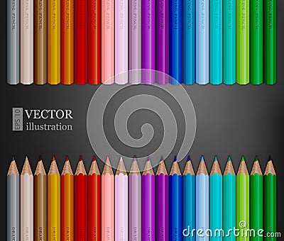 Rows of rainbow colored pencils on dark grey background. Vector Illustration
