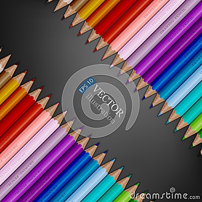 Rows of rainbow colored pencils on dark grey background. Vector Illustration