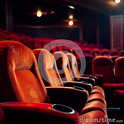 Rows of red cinema chairs await an audience in a theater, setting the stage for an evening of entertainment. Stock Photo