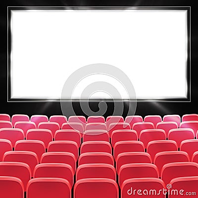 Rows of red cinema or theater seats in front of black blank screen. Wide empty movie theater auditorium with red seats. Vector Stock Photo