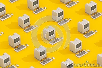 Rows of Retro Personal Computers in Isometric Style. 3d Rendering Stock Photo