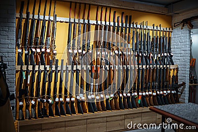 Rows of rifles on the wall, showcase in gun shop Stock Photo