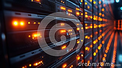 Rows of server racks with blinking orange lights indicating active data processing in a high tech facility Stock Photo