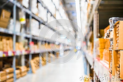 Rows of shelves with goods boxes in modern industry warehouse store at factory warehouse storage, Shelves and racks in Stock Photo